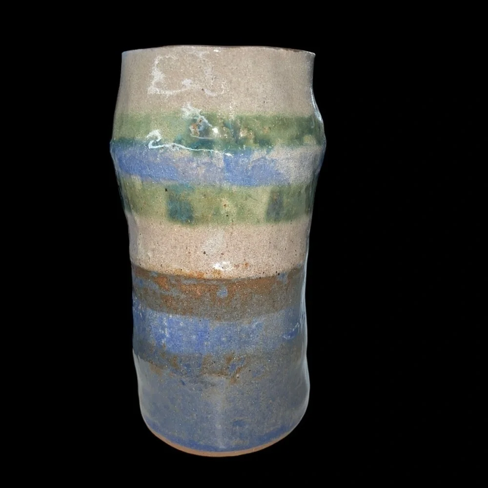 Vintage Handmade Stoneware Cylinder Vase Blue Gray Green Glaze 6.75